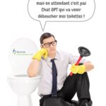 Un homme assis à côté de ses toilettes bouchées dit "L'IA, l'IA.... En attendant c'est pas Chat GPT qui va pourvoir déboucher mes toilettes"