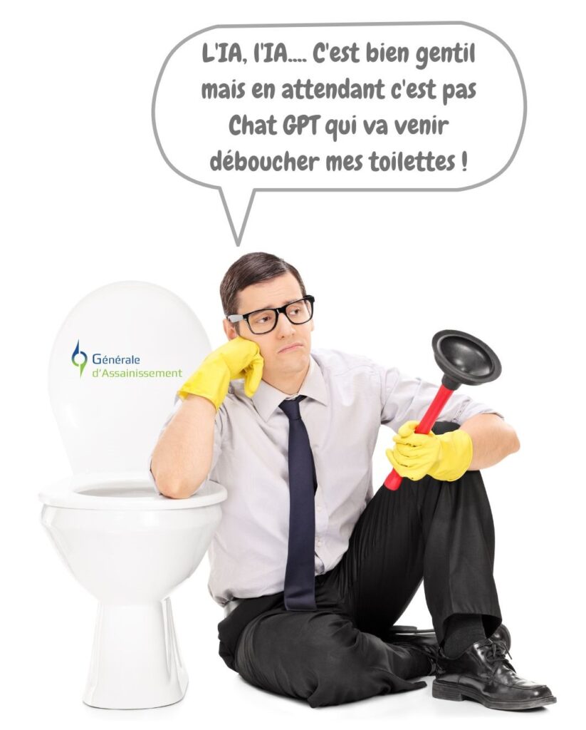 Un homme assis à côté de ses toilettes bouchées dit "L'IA, l'IA.... En attendant c'est pas Chat GPT qui va pourvoir déboucher mes toilettes"